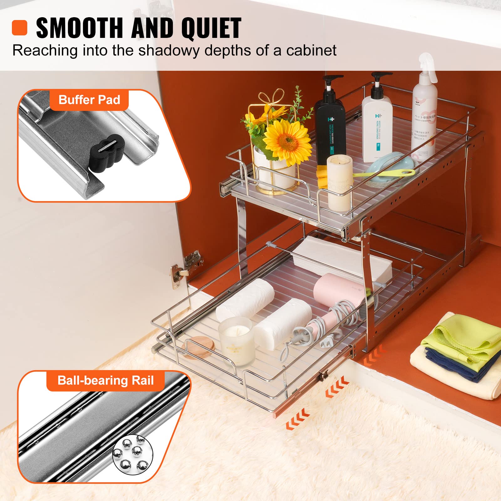 Vevor 2 Tier 13''W X 21''D Pull Out Cabinet Organizer, Heavy Duty Slide Out Pantry Shelves, Chrome-Plated Steel Roll Out Drawers